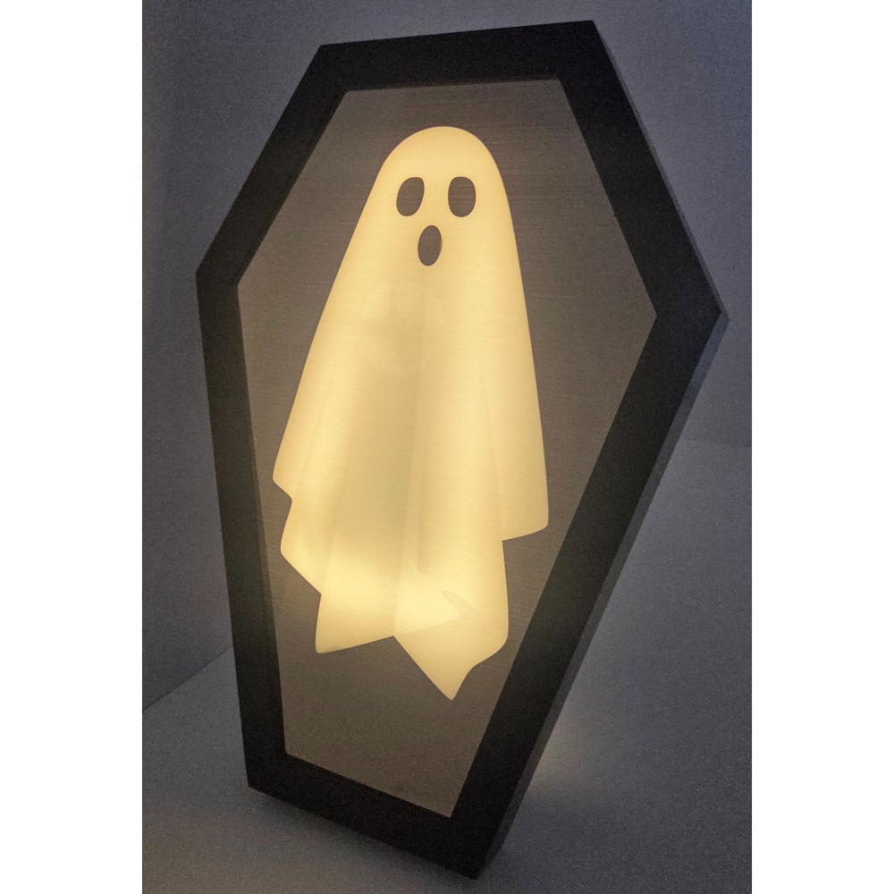 Light Up Ghost Coffin Halloween Decor LED Shadow Box Spooky Gothic Black